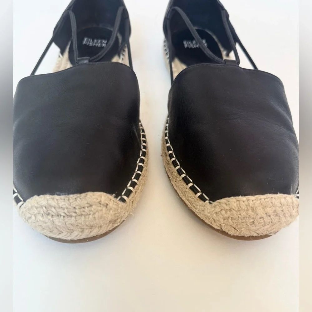 Eileen Fisher Lee Washed Leather Espadrille Shoes in Black Size 9.5